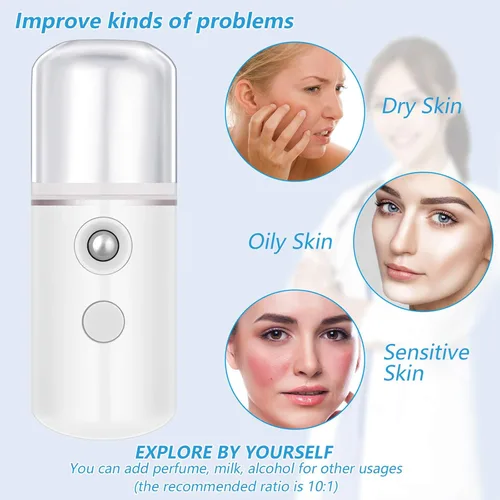 Vista 5 de Mudder 8 piezas Nano Facial Mister Rociador Facial Portátil Humidificador de mano Atomización USB Recargable 1.0 fl oz Vaporizador facial