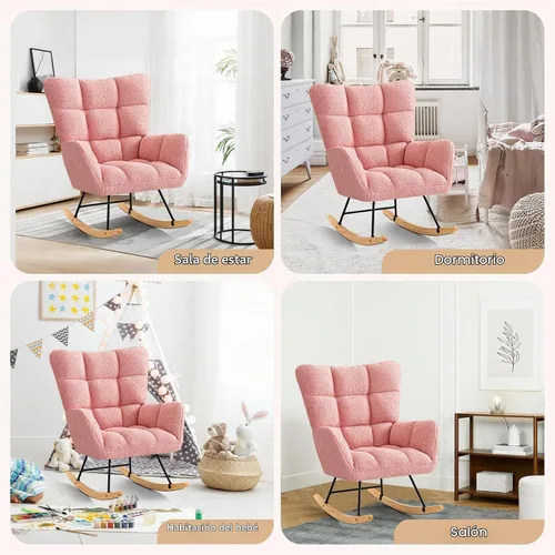 Vista 7 de Furniliving - Mecedora tapizada para cuarto de bebé, silla balancín moderna con asiento acolchado, silla de lectura con respaldo alto y cómoda