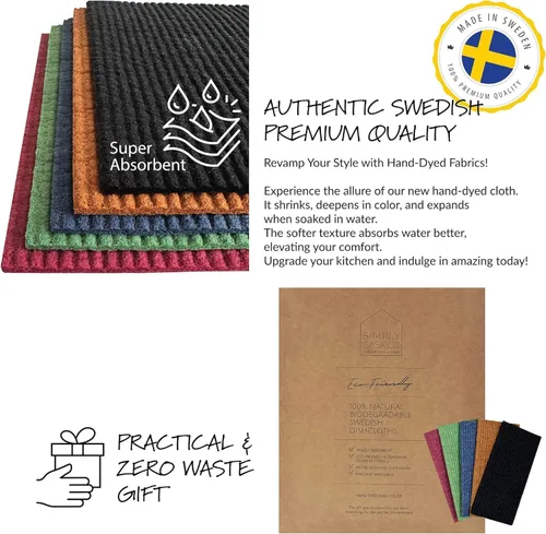 Vista 6 de Paquete de 5 paños de cocina suecos teñidos a mano, reutilizables, biodegradables, súper absorbentes de doble textura, embalaje sin plástico