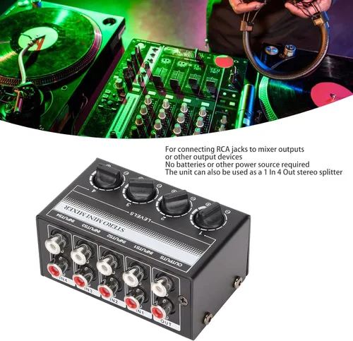 Vista 3 de Zyyini Mini mezclador estéreo, mezclador de audio portátil de 4 canales, mini mezclador estéreo profesional pasivo para mezclar instrumentos