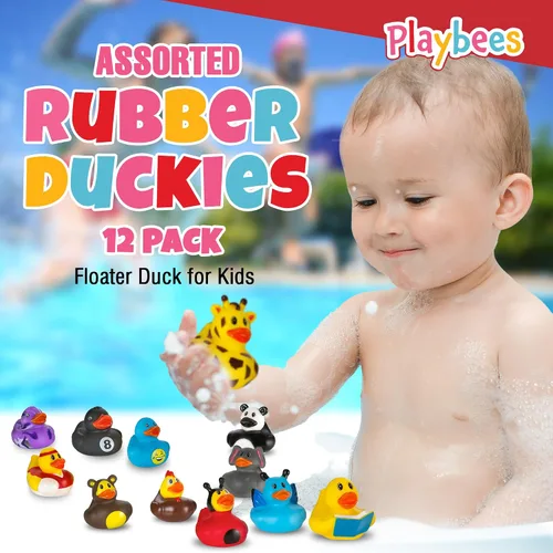 Vista 2 de Playbees - Patitos de goma en paquete de 12 unidades, surtido de juguetes de baño para bebés, flotadores Jeep para niños, para el verano, la playa