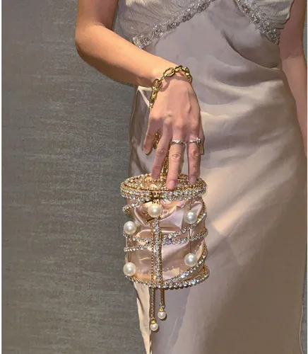 Vista 6 de Bolso bandolera metálico de lujo con diamantes de imitación para mujer, diseño de cadena de perlas 2025, ideal para vacaciones, fiestas, bodas