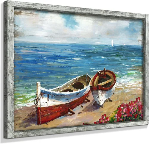 Vista 11 de Pintura enmarcada de paisaje marino: arte abstracto del océano, imagen costera, impresiones de veleros en madera en estilo moderno para decoración