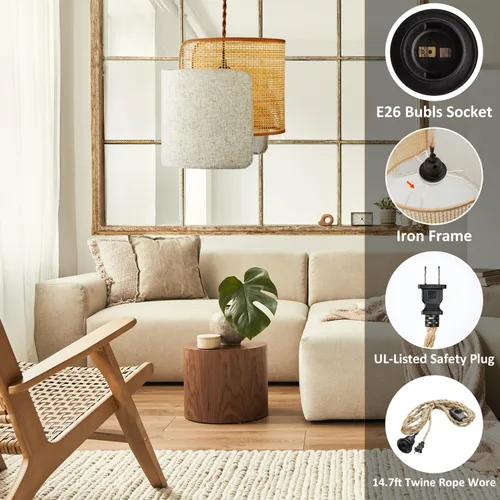 Vista 6 de Lámpara colgante boho con enchufe, lámpara de araña boho regulable sin escalones con pantalla tejida de bambú y lino, lámpara colgante enchufable