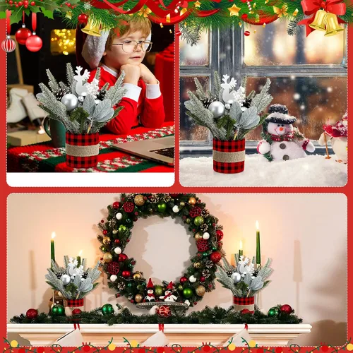 Vista 6 de 2 piezas de centro de mesa de Navidad a cuadros de búfalo árbol de mesa de Navidad, mini decoración artificial de mesa, centro de mesa pequeño