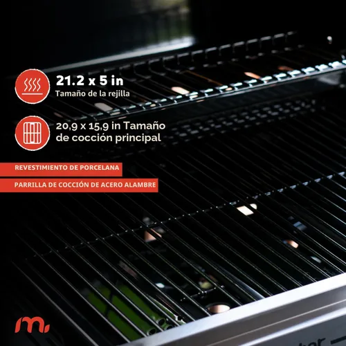 Vista 4 de Megamaster Parrilla de gas propano de 3 quemadores con mesas laterales plegables, 30,000 BTU, 429.81 pulgadas cuadradas. Espacio de cocción, panel