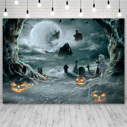 Vista 2 de AIBIIN Telón de fondo de fotos de Halloween de 7 x 5 pies, luna, noche, bruja negra, telón de fondo de Halloween para fotografía de otoño, linterna