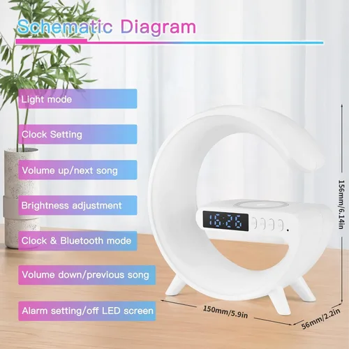 Vista 5 de LeeNabao Nuevo cargador de altavoz inalámbrico, luz de ambiente con función de carga inalámbrica, lámpara de mesa, lámpara de noche con reloj