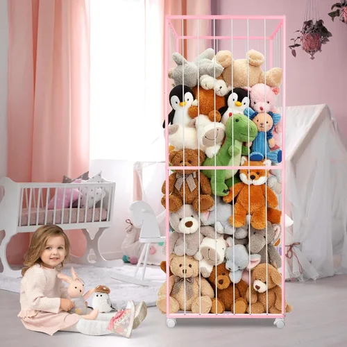 Vista 7 de Almacenamiento de animales de peluche, tubo de metal extra grande organizador de almacenamiento de juguetes con ruedas de freno, soporte