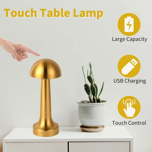 Vista 2 de Lámpara de mesa táctil de noche, luz nocturna recargable inalámbrica, funciona con pilas, lámpara de escritorio LED con 3 niveles de brillo para Oro