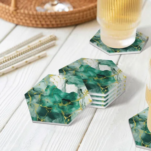 Vista 8 de Abstract Green and Gold Marble Ceramic Coaster Set of 4