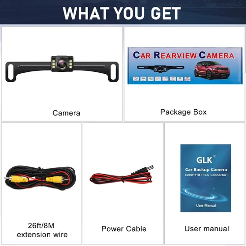 Vista 7 de GLK Cámara de visión trasera AHD 1080P cámara de visión nocturna inversa, cámara de respaldo de matrícula con 6 luces LED, ángulo de visión amplio