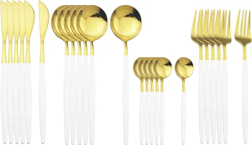 Vista 16 de Juego de cubiertos dorados con mango negro, 24 piezas de acero inoxidable brillante, cubiertos para 6, aptos para lavavajillas
