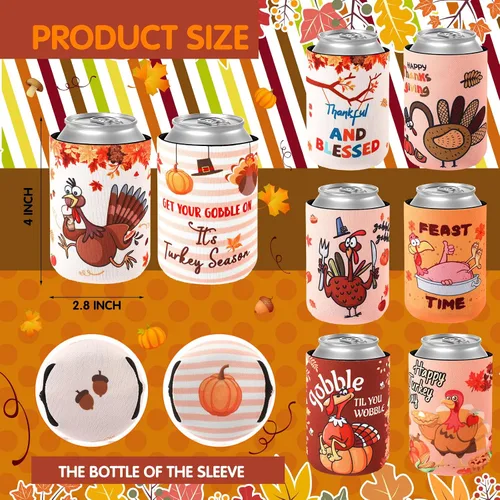Vista 3 de Remerry 24 fundas para enfriar latas de Acción de Gracias de 12 onzas, fundas divertidas para latas de pavo y calabaza, neopreno, aisladas, fundas