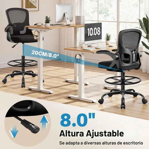 Vista 5 de Silla de dibujo alta de oficina para escritorio de pie, taburete ergonómico de trabajo para computadora con brazos abatibles, anillo de pie y Negro