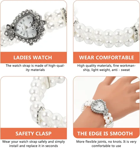 Vista 6 de Hemobllo - Reloj de cuarzo para mujer, con perlas elásticas, con esfera de corazón y diamantes de imitación, estilo casual, para niñas, regalo