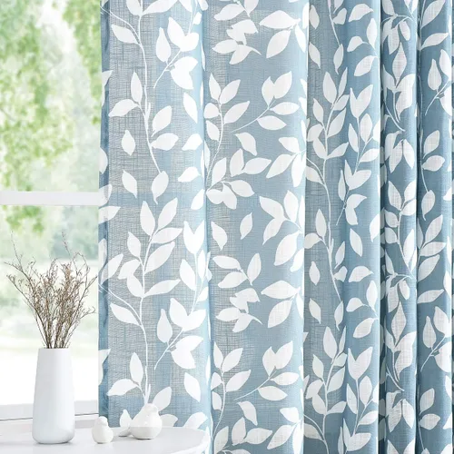 Vista 3 de Treatmentex Paneles de puerta francesa con luz lateral azul y blanca de 40 pulgadas de largo, estampado de hojas largas, cortinas de ventana