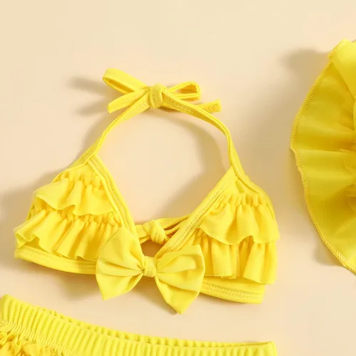 Vista 7 de Yccutest Traje de baño de flores para bebé, 3 piezas, parte superior triangular, parte inferior con volantes, sombrero para el sol, conjunto
