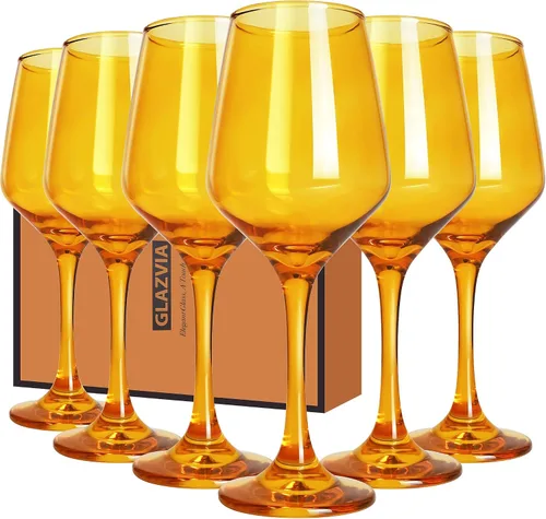 Vista 17 de Juego de 6 copas de vino ámbar con tallo de 12 onzas, gruesas y coloridas, aptas para lavavajillas, para rojo o blanco, regalo para fiestas