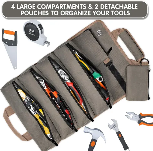 Vista 3 de Bolsa de herramientas enrollable, organizador de herramientas portátil resistente con 2 bolsas desmontables y 4 compartimentos, rollo