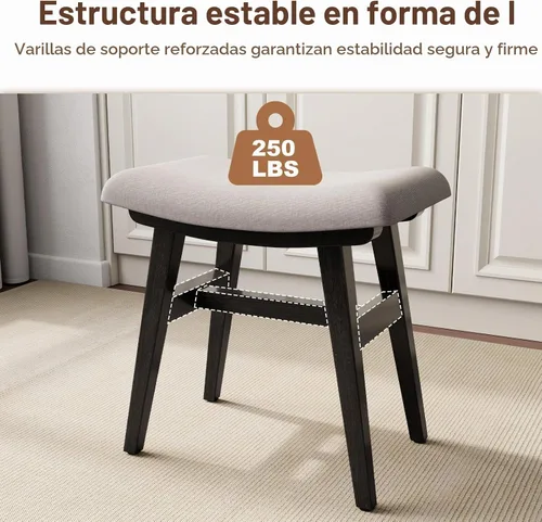 Vista 7 de Muwuele Taburete de tocador pequeño de madera maciza, silla de maquillaje compacta con cojín de sillín, asiento de esponja de alto rebote cubierto