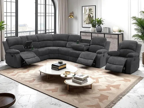 Vista 6 de Juego de sofá reclinable manual con mesa desplegable, juegos de sofás de pana, juegos de muebles de sala de estar, juegos de sofá reclinable manual