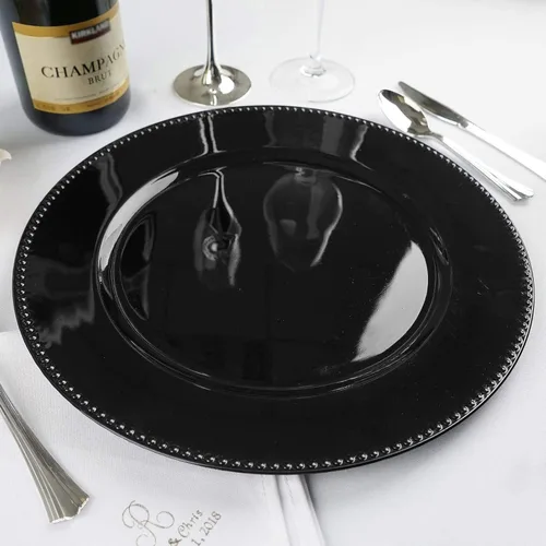 Vista 3 de BalsaCircle 6 platos de 13 pulgadas con cuentas de cristal negro Juego de vajilla para servir para bodas, recepciones, eventos, catering