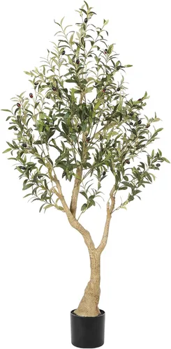 Vista 10 de Realead Árbol de olivo sintético de 4 pies – Plantas realistas de olivo de interior – Olivo falso con tronco grueso y frutas realistas – Olivos