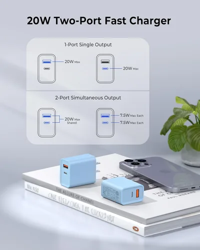 Vista 8 de Paquete de 3 cargadores de pared USB C, adaptador de corriente QC+PD 3.0 de doble puerto de 20 W, bloque de carga de doble enchufe rápido para Azul
