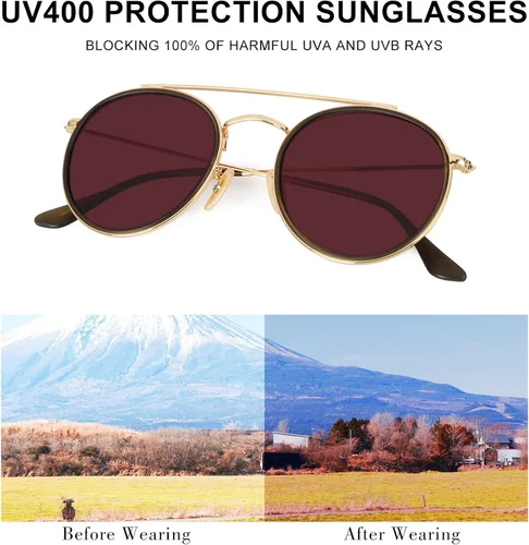 Vista 4 de Sumato Lentes de sol retro redondos de doble puente para mujeres y hombres, gemelas circulares UV400 Sunnies dorados con lente rosa, Oro con lente