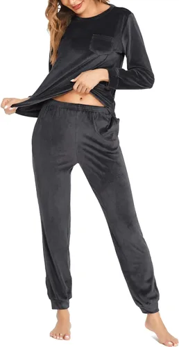 Vista 2 de Ekouaer Conjunto de pijama de manga larga para mujer, ropa de dormir suave de 2 piezas de terciopelo con bolsillos