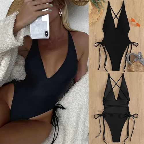 Vista 3 de Sexy Plunging One Piece Swimsuit Lace Up Women Swimwear Women Monokini Beachwear