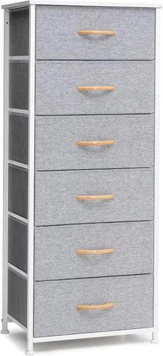 Vista 14 de Cajonera alta para armario, torre de almacenamiento vertical - Estructura de acero resistente, parte superior de madera, cajones de tela de fácil