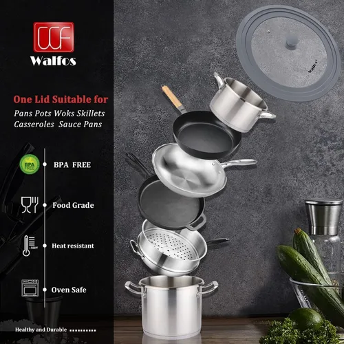 Vista 2 de Tapa Universal para Ollas, Sartenes y Cacerolas - Walfos Tapa de Vidrio Templado con Borde de Silicona Resistente al Calor, Libre de BPA, Tapas Gris