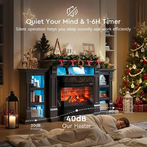 Vista 6 de LGHM Soporte de TV con chimenea eléctrica LED con tomacorriente, mantel de chimenea de 72 pulgadas para televisores de hasta 80 pulgadas, moderno