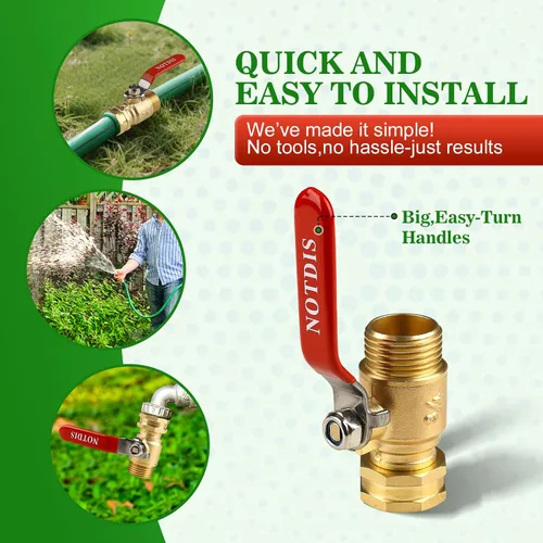 Vista 2 de Válvula de cierre de manguera de jardín de latón con diseño de flujo completo - Conector GHT de servicio pesado de 3/4", mango de acero inoxidable