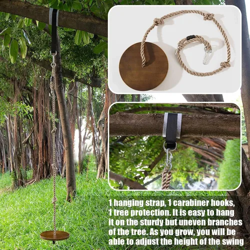 Vista 5 de Yangbaga Columpio de cuerda de disco redondo de madera de 51 a 73 pulgadas, cuerda de escalada ajustable con correa para colgar, gancho a presión
