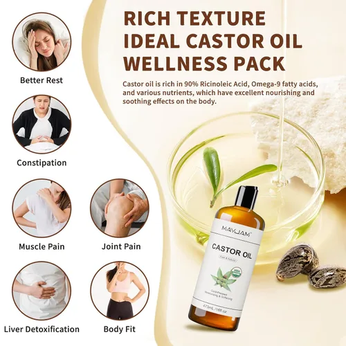 Vista 4 de MAYJAM Aceite de ricino orgánico de 16 onzas, aceites de ricino prensados en frío 100% puros para el crecimiento del cabello, cejas, pestañas