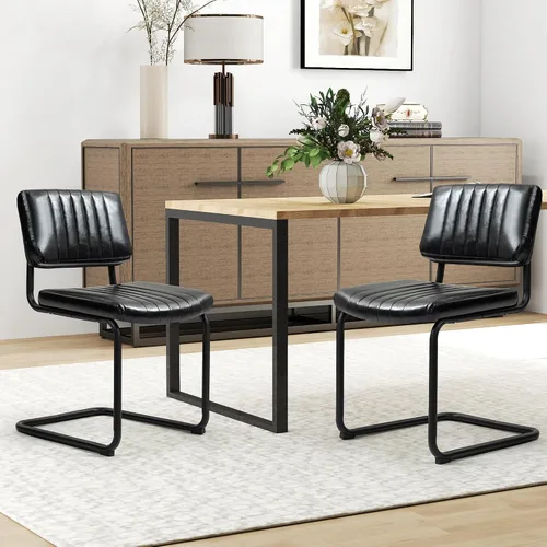 Vista 6 de Juego de 2 sillas de comedor voladizas, sillas de comedor modernas de mediados de siglo con patas de metal negro, sillas de cocina tapizadas