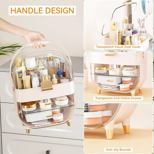 Vista 4 de Yieach Organizador de maquillaje de encimera para tocador, organizador de cuidado de la piel de gran capacidad con cajones y soporte para brochas