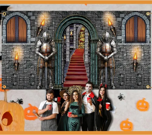 Vista 2 de Mixweer Decoraciones medievales de 7 x 13 pies para fiestas, telón de fondo de castillo, decoración medieval de pared para suministros de fiesta
