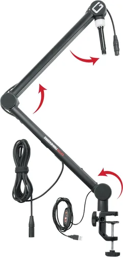 Vista 17 de Gator Frameworks - Soporte de micrófono de perfil delgado montado en escritorio con brazo de boom para transmisiones, podcasts, creación