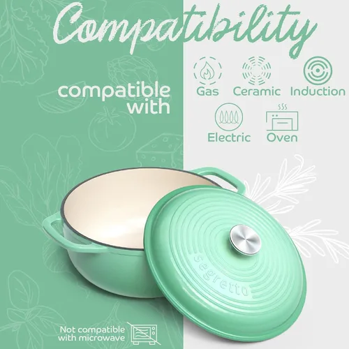 Vista 8 de Segretto Cookware Horno holandés de hierro fundido esmaltado, 6 cuartos de galón, verde claro Verde Chiaro (verde claro)