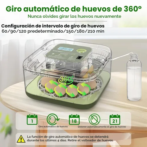 Vista 2 de Incubadora de 12 huevos con giro automático, recarga automática de agua y control de temperatura/humedad, además de guía de eclosión, criador