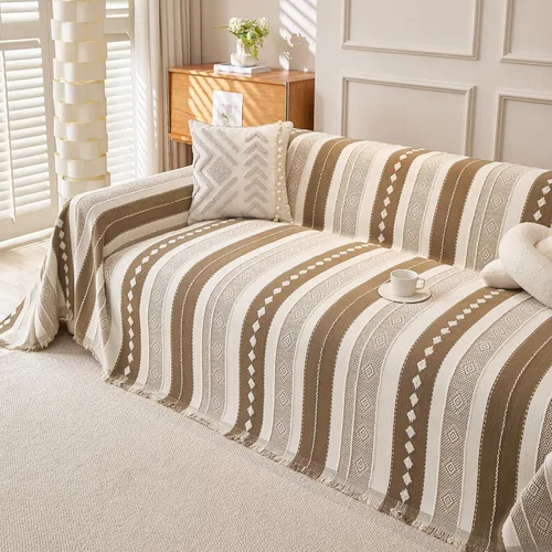 Vista 14 de HANDONTIME Chevron Pattern Couch Cover Vertical Striped Jacquard Sofa Cover Modern Minimalist, Khaki and White, Sofa Covers Washable, Pet Friendly