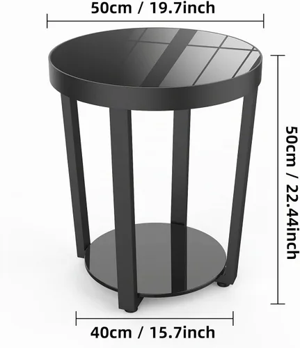 Vista 3 de Mesa auxiliar redonda, mesa auxiliar de vidrio templado con marco de metal, mesa de centro pequeña, mesa auxiliar negra para sala de estar, balcón