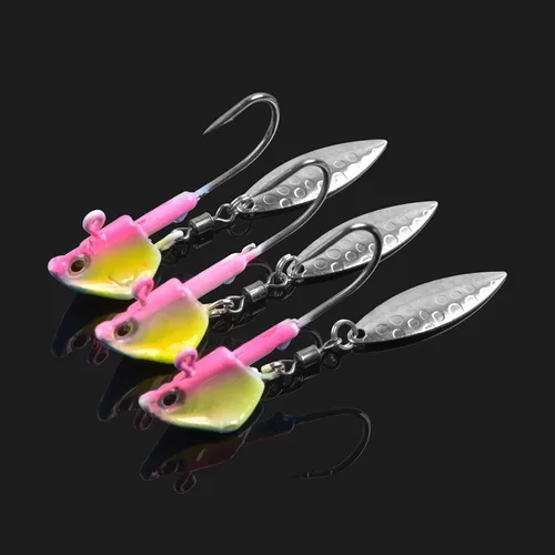 Vista 7 de Jig Heads anzuelos de pesca, 10 piezas de Walleye Jigs Spinner Baits Underspin Jig Heads con hoja de sauce colorido pintado resplandor plantillas