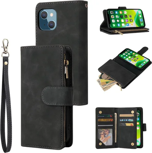 Vista 13 de UEEBAI Funda para iPhone 13 de 6.1 pulgadas, Cartera de piel sintética retro a prueba de golpes con función de soporte de ranuras para tarjetas Azul