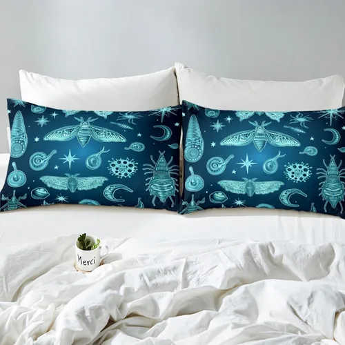 Vista 4 de Erosebridal Juego de ropa de cama color verde azulado tamaño individual, sábana bajera ajustable de polilla exótica Trippy Sun y Moon para niñas