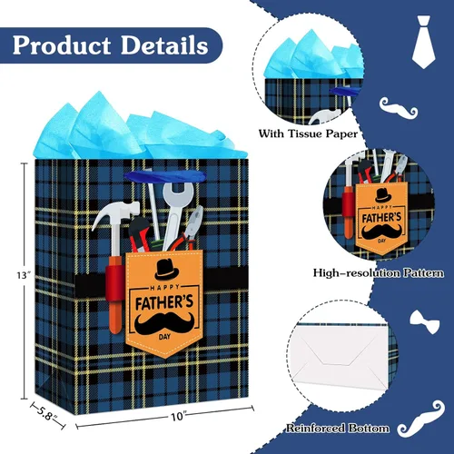 Vista 5 de WaaHome Bolsa de regalo para el día del padre para papá, con papel de seda y asa, 13 x 10.5 x 5.8 pulgadas, bolsa de regalo grande azul para el día